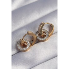 Clariss 316L Çelik Gold Renk Zirkon Taşlı Iç Içe Geçmeli Oval Küpe