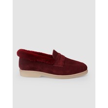 Cabani %100 Hakiki Deri Bordo Süet Kürklü Kadın Loafer