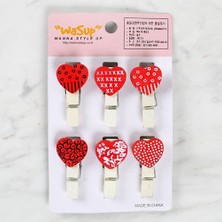 Loren Dekoratif Kırmızı Kalp Desenli Mandal 6'lı