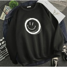 Kids Face Özel Tasarım Bisiklet Yaka Gülen Emoji Baskılı Şardonlu Kışlık Erkek Çocuk Sweatshırt
