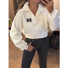 Burce Butik Polo Yaka Nakışlı Kadın Crop Sweatshirt