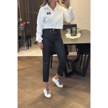 Burce Butik Polo Yaka Nakışlı Kadın Crop Sweatshirt