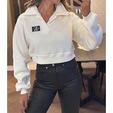 Burce Butik Polo Yaka Nakışlı Kadın Crop Sweatshirt