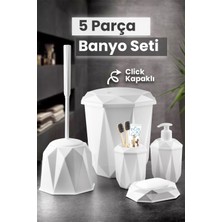 Mybox 5 Parça Vanity Klik Kapaklı Banyo Seti - Dekoratif Çöp Kovası Diş Fırçalık Sabunluk Fırça Seti