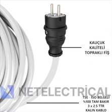 Netelectrical Kauçuk Tekli Seyyar Uzatma Kablosu - 3x2.5 Ttr Kalın Kablo Beyaz - 1 Metre (Elektrikli Araç Şarjı ve Karavan İçi Kullanım)