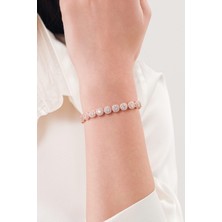 TMT Silver Gümüş Rose Yuvarlak Beyaz Zirkon Taşlı Pırlanta Montürlü Rodyumlu Su Yolu Bileklik