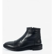 Erkek Siyah Su Geçirmez Hakiki Deri Içi Yünlü Fermuarlı Bot