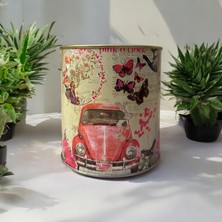 Vintage Beetle Araba ve Kelebek Desenli Silindir Kumbara