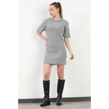 Kadın Kısa Kol Fitilli Bisiklet Yaka Triko Elbise Gri - 2046