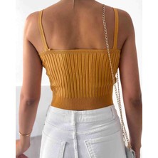 BAV Butik Ayvitrin Askılı V Yaka Su Yolu Örgülü Triko Crop