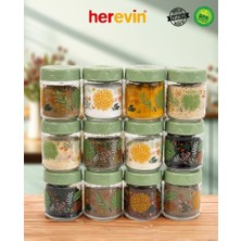 Herevin 12LI 200 cc Botanik Cam Baharatlık Seti-Baharatlık Takımı-Saklama Kabı-Yeşil