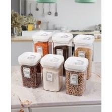 Herevin  6lı Kare 1,1 Lt +1,5 Lt Erzak Bakliyat Saklama Kabı Baharatlık Seti-Beyaz-25 Adet Etiketli