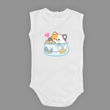 Mnk Baby & Kids Akvaryum Kedi Baskılı Bebek Çıtçıtlı Body Uzun Kısa Kolsuz