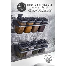 Grimor Life 4 Lü Etiketli Standlı Kilitli Kaşıklı Kendinden Yapışkanlı Kare Baharatlık Takımı 400 Ml-Füme