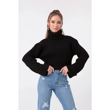 EFT Siyah Fitilli Oversize Balıkçı Yaka Kadın Crop Kazak