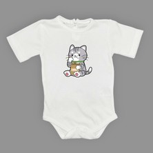 Mnk Baby & Kids Mama Yiyen Kedi Baskılı Bebek Çıtçıtlı Body Uzun Kısa Kolsuz