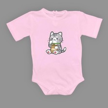Mnk Baby & Kids Mama Yiyen Kedi Baskılı Bebek Çıtçıtlı Body Uzun Kısa Kolsuz