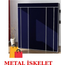 Beyaz Pazar Bez Dolap Metal Profilli Kumaş Gardırop Portatif Dolap Lacivert