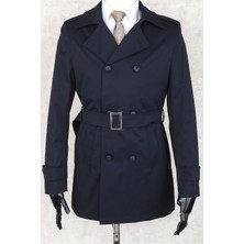 Jan Carlucci Lacivert Kruvaze Tek Yırtmaç Dizüstü Kemerli Trençkot