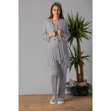 Effortt Gri Sabahlıklı Hamile Lohusa Pijama Takımı