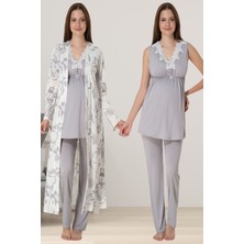 Effortt Gri Sabahlıklı Hamile Lohusa Pijama Takımı