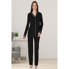 Effortt Siyah Önden Düğmeli Kadın Pijama Takımı