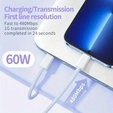 Onomo 60W Hızlı Şarj 2 Metre Örgü Kablo Type-C Şarj Kablosu Mavi Iphone, Samsung, Xiomai , Huawei