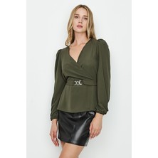 Select Moda Kadın Beli Toka Detaylı Dokuma Bluz