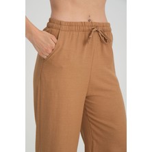 Zertex Kadın Keten Karışımı Taba Renk Yazlık Bel Lastikli Bol Kesim Efil Efil Kalıp Şık Stil Pantolon