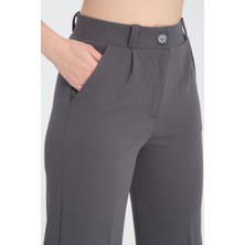 Kadın Antrasit Çift Cepli Liğralı Kemer Lastik Detaylı Fermuarlı Yüksek Bel Pens Krep Stil Pantolon.