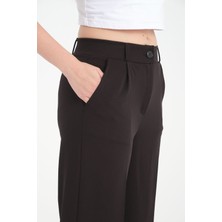Zertex Kadın Siyah Çift Cepli Liğralı Kemer Lastik Detaylı Fermuarlı Yüksek Bel Krep Stil Pantolon.