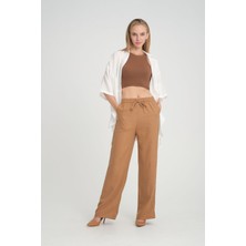 Zertex Kadın Keten Karışımı Taba Renk Yazlık Bel Lastikli Bol Kesim Efil Efil Kalıp Şık Stil Pantolon
