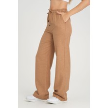Zertex Kadın Keten Karışımı Taba Renk Yazlık Bel Lastikli Bol Kesim Efil Efil Kalıp Şık Stil Pantolon