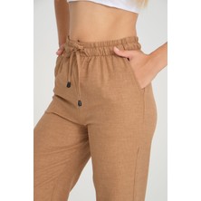Zertex Kadın Keten Karışımı Taba Renk Yazlık Bel Lastikli Bol Kesim Efil Efil Kalıp Şık Stil Pantolon