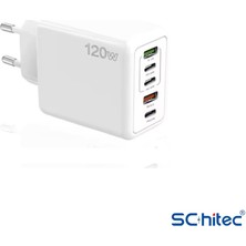 ScHitec 120W 3 Type-C + 2 UsbA Toplam 5 Çıkışlı Philips 3A 45W UsbA to Micro Kablolu Şarj Aleti Beyaz SR104