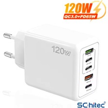 ScHitec 120W 3 Type-C + 2 UsbA Toplam 5 Çıkışlı Philips 3A 45W UsbA to Micro Kablolu Şarj Aleti Beyaz SR104