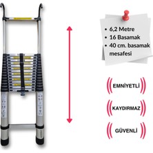 620 Cm. - 16  Basamaklı Kancalı Teleskobik / Teleskopik Alüminyum Merdiven - I Tipi Uzayan Merdiven