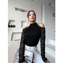 Siyah Crop Bluz Krop Dantel Tül Detaylı JB3016457821