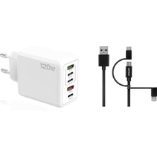 ScHitec 120W 3 Type-C + 2 UsbA Toplam 5 Çıkışlı Philips 3in1 Micro Usb-Lightining-Type-C Kablolu 2m  Şarj Aleti Beyaz SR104