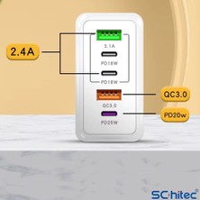 ScHitec 120W 3 Type-C + 2 UsbA Toplam 5 Çıkışlı Philips 3in1 Micro Usb-Lightining-Type-C Kablolu 2m  Şarj Aleti Beyaz SR104