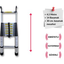 410 Cm. - 14  Basamaklı Kancalı Teleskobik / Teleskopik Alüminyum Merdiven - I Tipi Uzayan Merdiven