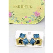 Eke Butik Çelik Üçlü Mavi Mineli Kare Çivili Küpe Altın