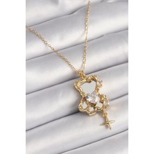 Clariss 316L Çelik Gold Renk Zincir Ayna Ayıcık Model Zirkon Taşlı Kalp Model Kadın Kolye