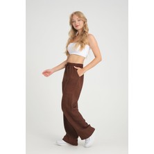 Zertex Kadın Kahverengi Ketenkarışım Bol Kesim Pantolonu Bel Lastikli Rahat Kalıp Stil Kesim