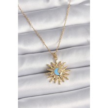 Clariss 316L Çelik Gold Renk Zincir Zirkon Taşlı Güneş Model Mavi Ay Işleme Kadın Kolye