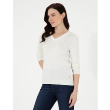 Pierre Cardin Kadın Ekru Slim Fit V Yaka Basic Kazak 50300803-VR019