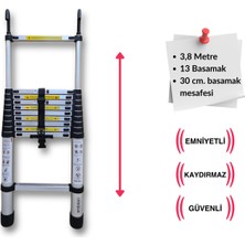 13 Basamak - 380 Cm. Kancalı Teleskobik / Teleskopik Alüminyum Merdiven - I Tipi Uzayan Merdiven