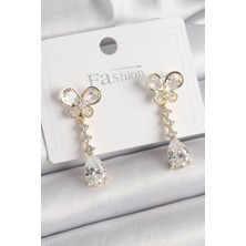 Style Of Carmen Pirinç Gold Renk Zirkon Taşlı Kelebek Model Sallantı Damla Zirkon Taş Kadın Küpe