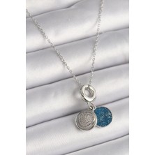 Style Of Carmen 316L Çelik Gümüş Renk Zincir Zirkon Taşlı Işleme Mavi Simli Kadın Kolye