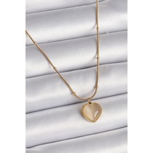Style Of Carmen 316L Çelik Gold Renk Kedi Gözü Sedefli Kalp Model Kadın Kolye